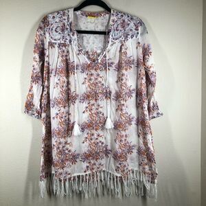 Roller Rabbit Serafina Tunic Cover Up Tropical Elephant Print Tassels Size XXS